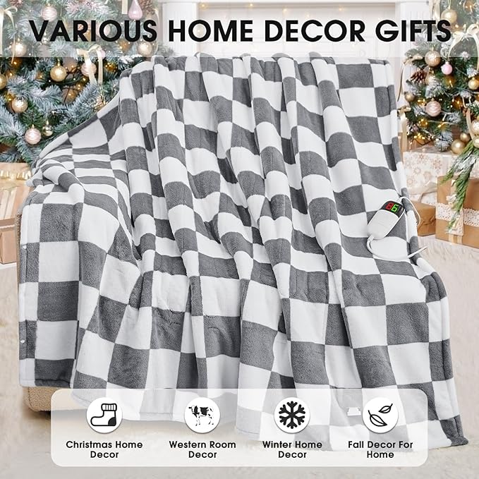 Heated Electric Blanketc Throw, 50X60 Heating Blanket with 10 Heat Level & 8 Hour Auto Off for Lap, Light Gray Checkered Plaid Sherpa Blankets Warmer Gift for Couch Grandma Women Adults Washable