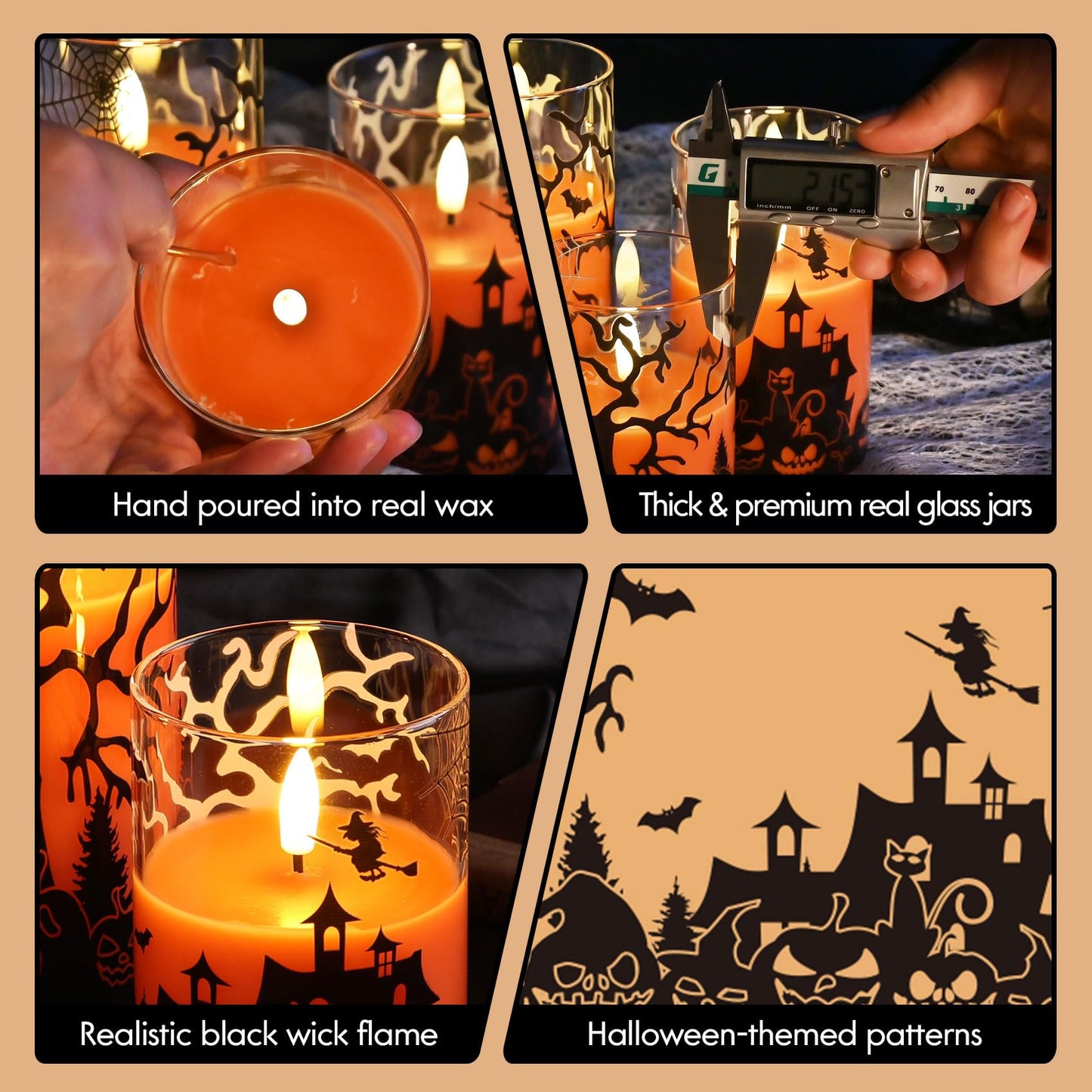 Eywamage Orange Halloween Glass Flameless Candles with Remote, Real Wax Flickering LED Pillar Candles Set of 3