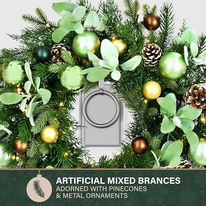 Fraser Hill Farm 24-in. Prelit Holiday Wreath with Pinecones and Metal Ornaments, White Micro-LED Light-Up Design for Indoor or Covered Outdoor Use on Porch, Patio, Kitchen