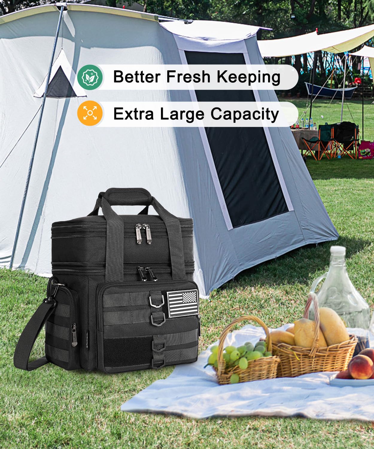 Tactical Lunch Box for Men, Large Insulated Lunch Bag for Adult, Heavy Duty Double Deck Expandable Lunch Cooler Bag with American Flag, Leakproof Soft Lunch Pail for Work Office Camping - Black