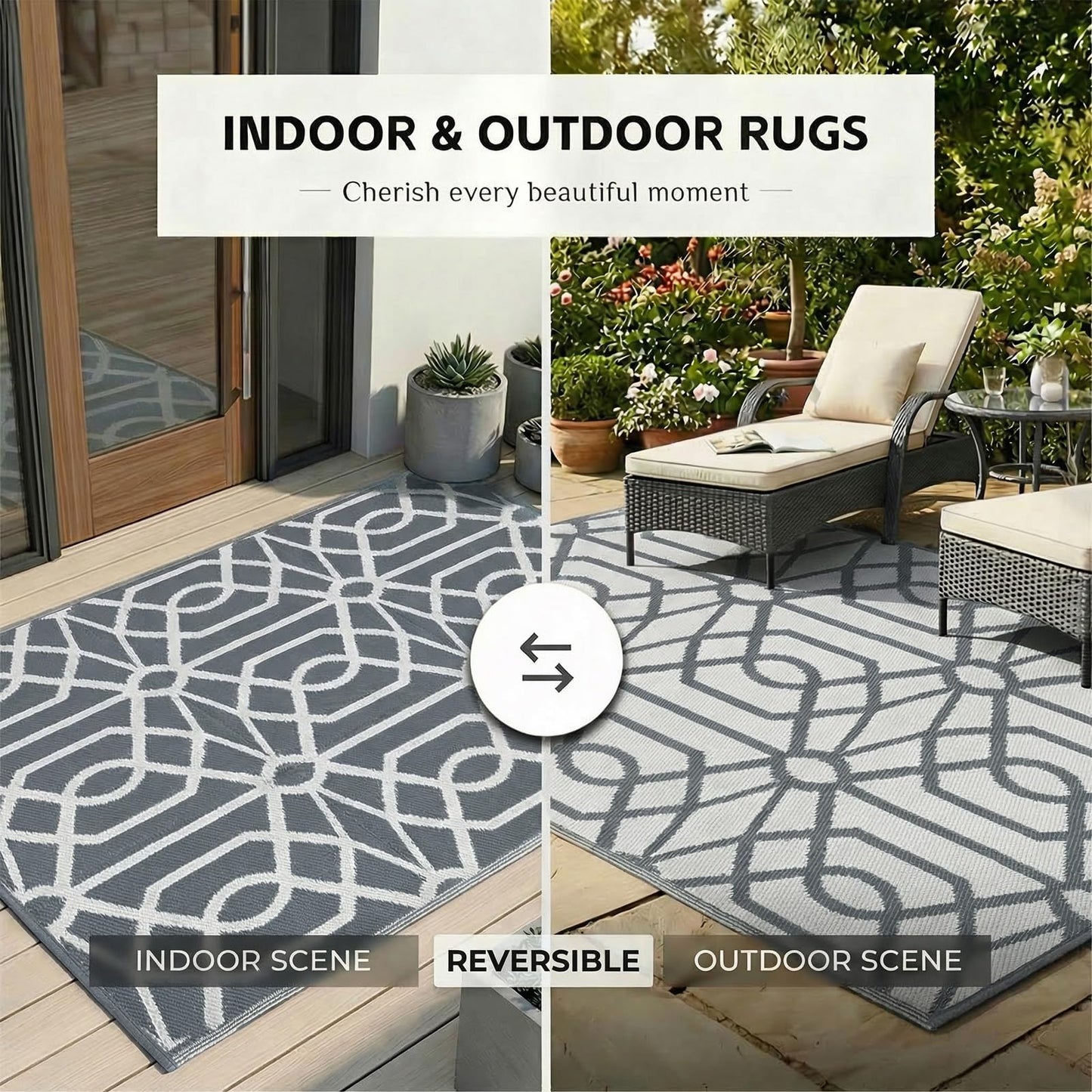 wikiwiki Outdoor Rug, 5x8ft Waterproof Reversible Mat Indoor Outdoor Rugs Carpet, Small Area Rug Plastic Straw Rug for Patio Deck Balcony Pool RV Camping Beach Picnic, Grey, Rugscape Series