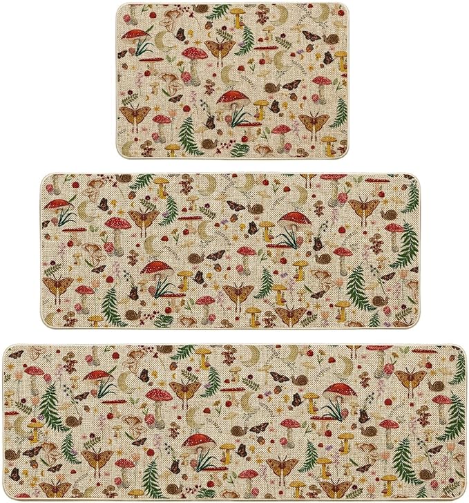 Artoid Mode Mushrooms Butterfly Spring Kitchen Mats Set of 3, Home Decor Low-Profile Kitchen Rugs for Floor - 24"x35"+24"x59"+24"x72"