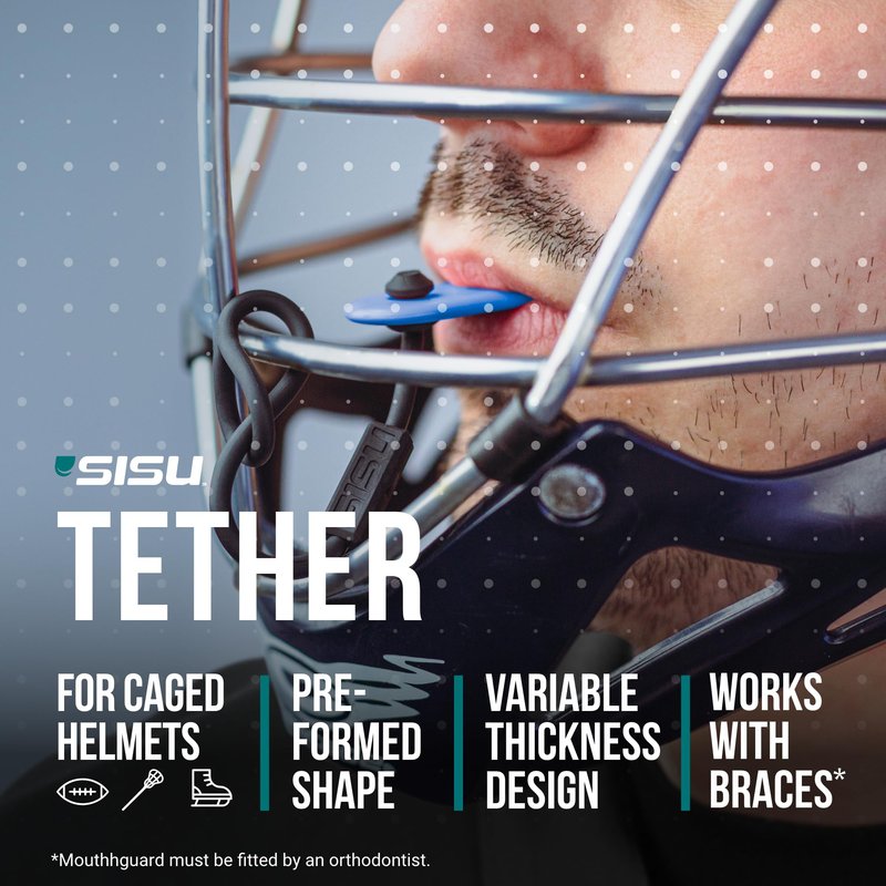 SISU Tether Adult Mouthguard, Charcoal Black - Pre-Formed Protection with Strap for Football, Hockey, Lacrosse, Caged-Helmet Sports - Remoldable Up to 20 Times - Works for Braces - Non Toxic