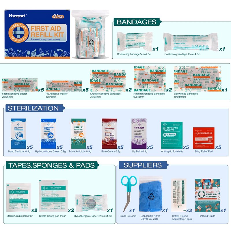 Hsreysrt-First Aid Refill Kit for Home, Car & Travel, Wound Care Supplies with Scissors, Tweezers, Assorted Bandages & Adhesive Bandages