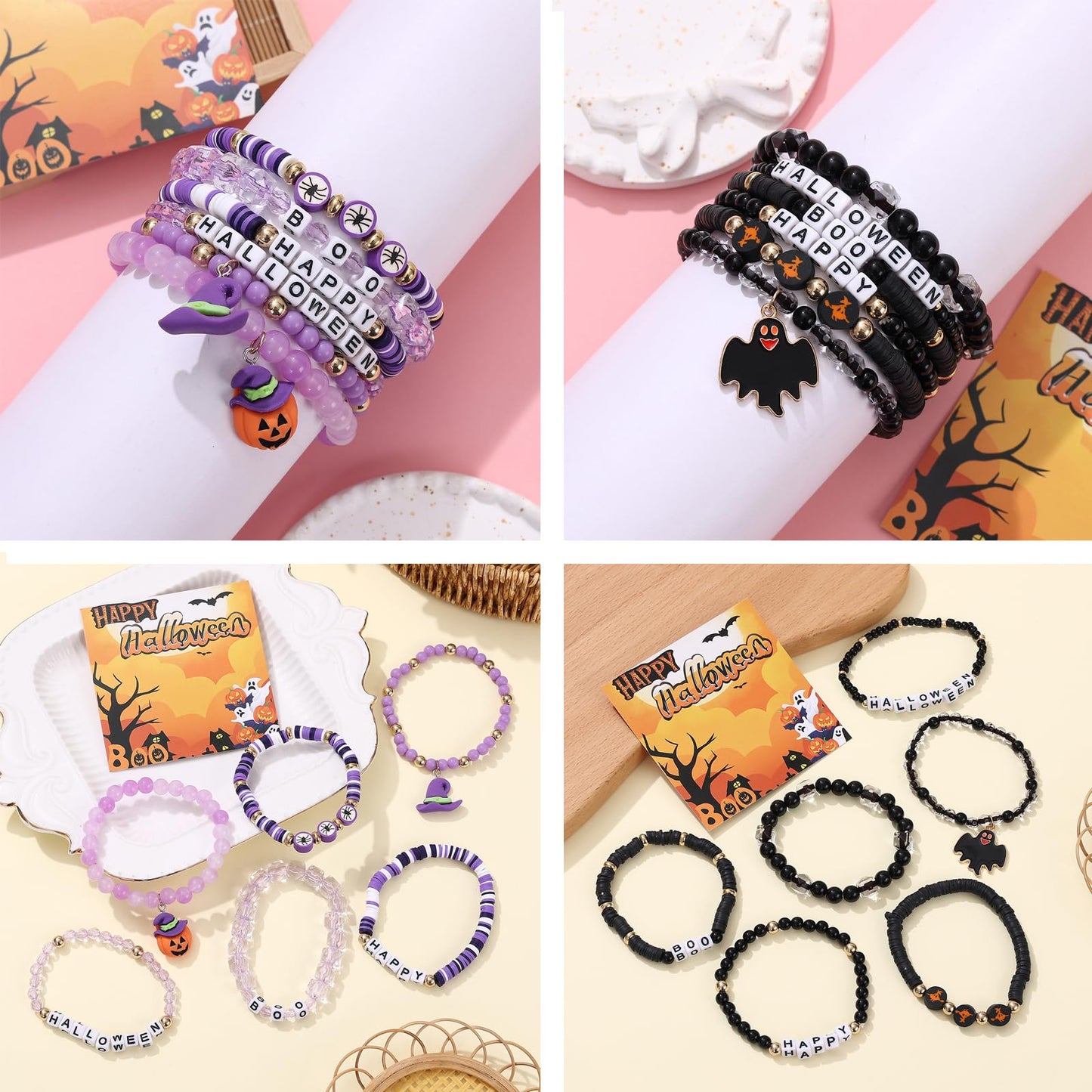 36Pcs Halloween Bracelets for Women Halloween Beads for Bracelets Set Stackable Bracelet Halloween Jewelry Pumpkin Spider Ghost Charms Bracelets BOO Happy Halloween Stretch Bracelets Set Holiday Gift
