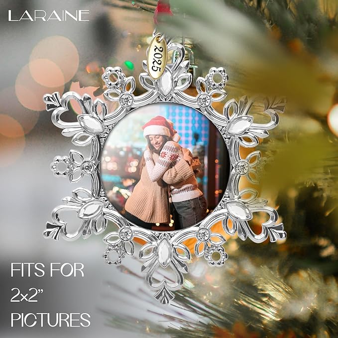 Laraine Christmas Tree Ornaments – Decorative Hanging 2025 Holiday Keepsake Gift Snowflake Pendant with 2” Photo Frame Insert for Picture of Pet (Snowflake Silver (2025))