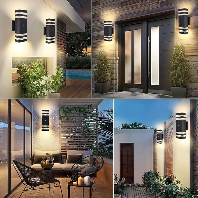 2 Pack Dusk to Dawn Outdoor Wall Lights, LED Exterior Lighting Fixtures, Square Porch Up and Down Light Wall Mount Black Front Door Wall Sconce for Hallway Patio Garage