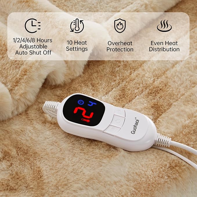 Guohaoi Heated Blanket Electric Throw, Soft Faux Rabbit Fur Electric Blanket with 10 Heating Levels 5 Sitting Timer Auto Off, Cozy Warm Heating Blankets, Machine Washable(72"×84" Beige)