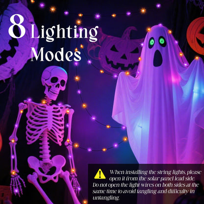 200LED Solar Halloween Lights，78FT Orange& Purple String Lights，Solar Fairy Lights with 8 Modes， Halloween Lights Outdoor Waterproof for Bedroom Patio Garden Party Yard Decoration