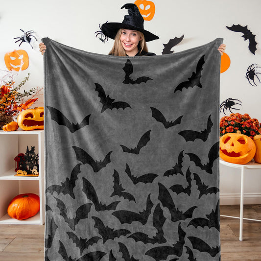JarThenaAMCS Halloween Fuzzy Blanket Bat Throw Blanket Gray Black Soft Cozy Flannel Blanket for Home Bed Sofa Couch Chair, 50 x 60 Inch