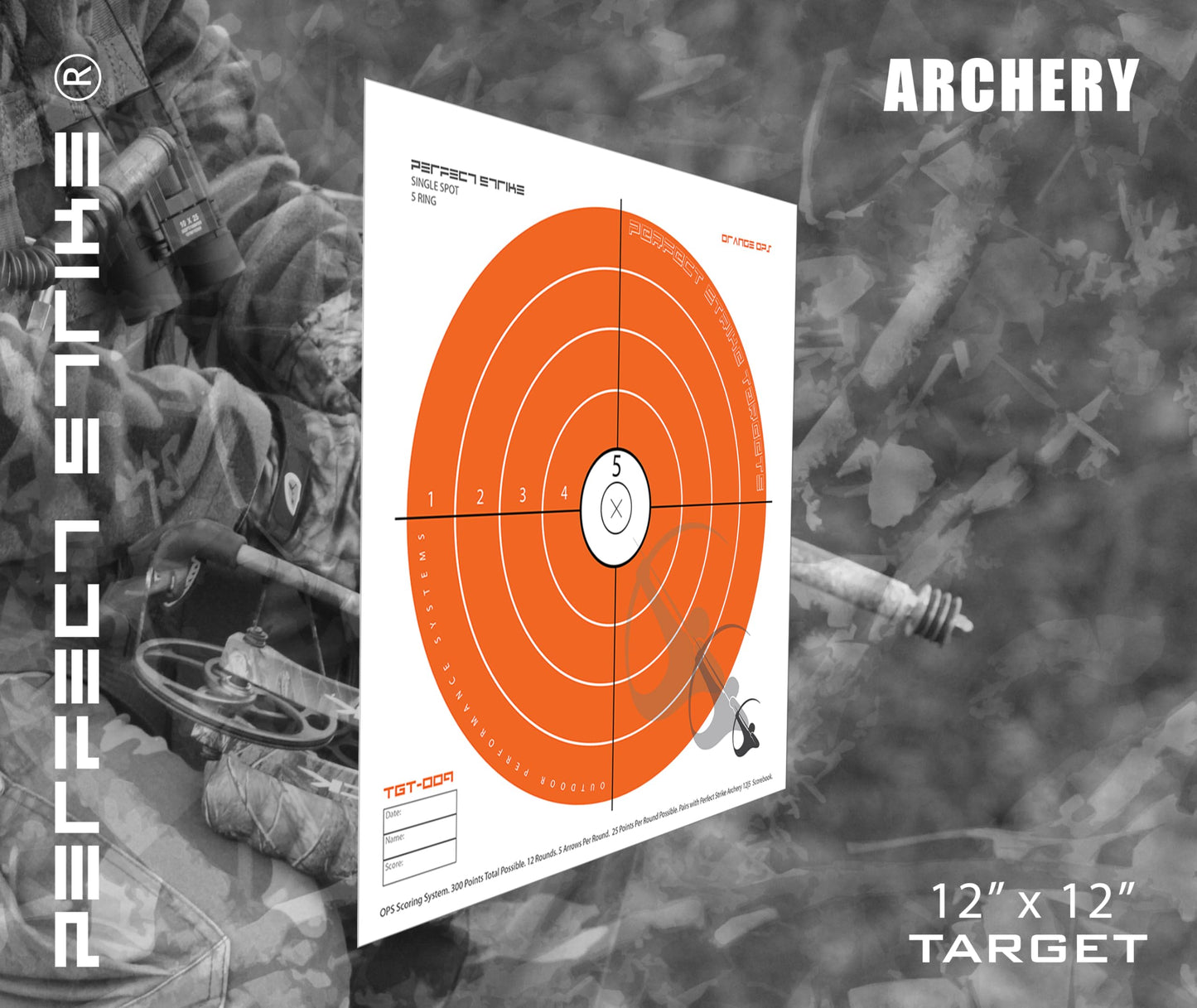 Perfect Strike Archery Paper Targets. Single Spot Bullseye Design. (12" x 12"). PSA-OO-SYS-009. (12 Targets)