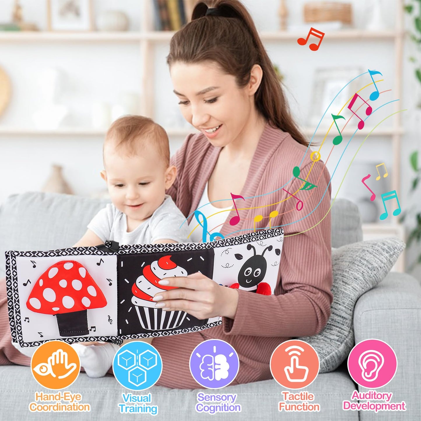 Black and White High Contrast Toys for Baby 0-3 3-6 Months Infant Tummy Time Soft Book Sensory Musical Toy 0-2-4-6 Month Babies Brain Development Montessori Crinkle Book Mirror Newborn Shower Gifts