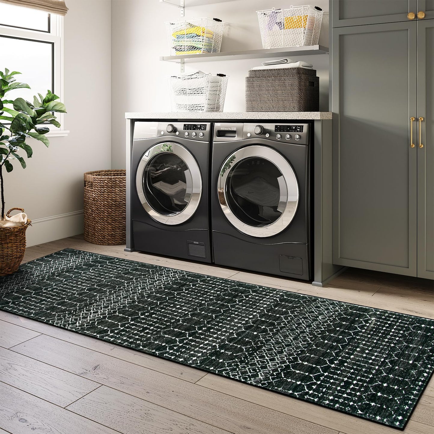 Lahome Moroccan 2x6 Black Runner Rug Non-Slip, Kitchen Rug Runner Washable Non-Skid Hallway, Geometric Print Distressed Carpet for Entryway Laundry Hana