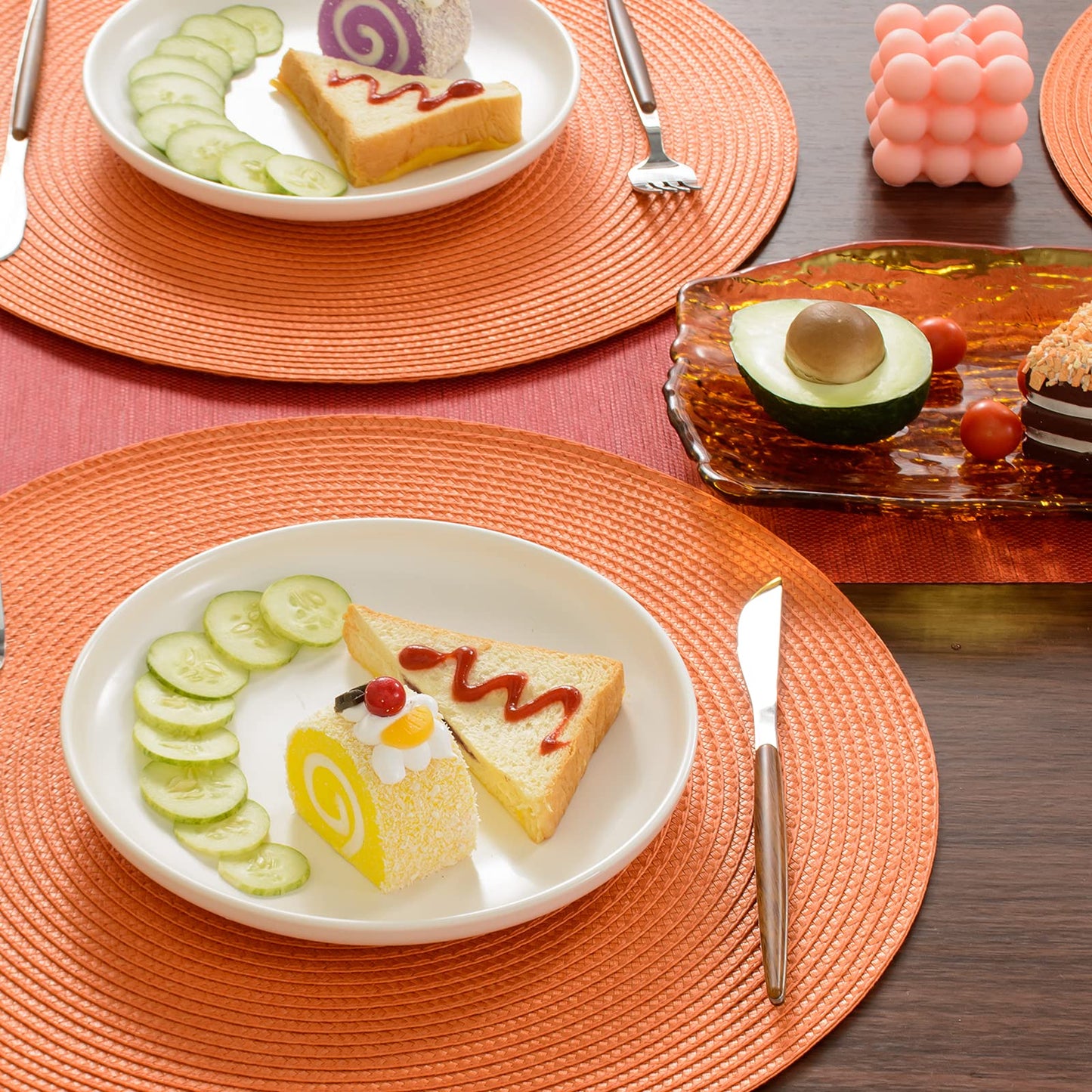 FunWheat Round Braided Placemats Set of 6 Table Mats for Dining Tables Woven Washable Non-Slip Place mats 15 inch(Orange, 6pcs)