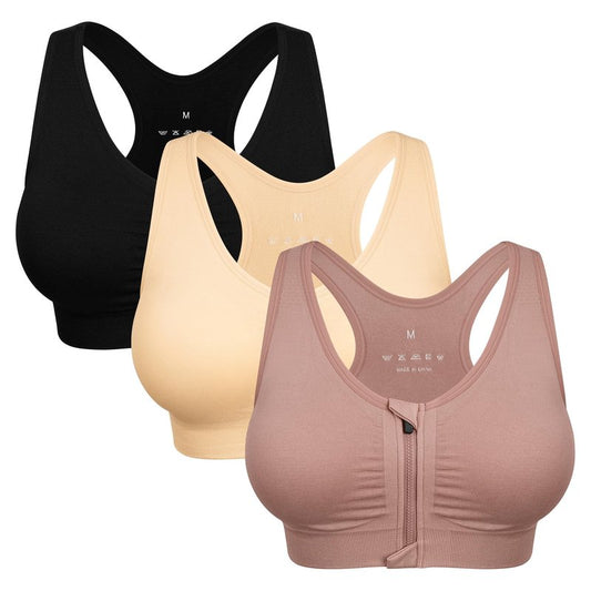 Women's Plus Size Zip Front Sports Bra - Wireless, Padded, Surgical, Racerback, Workout & Yoga Bras (XX-Large, 3 Pack (Black+Flesh+Bean Paste))
