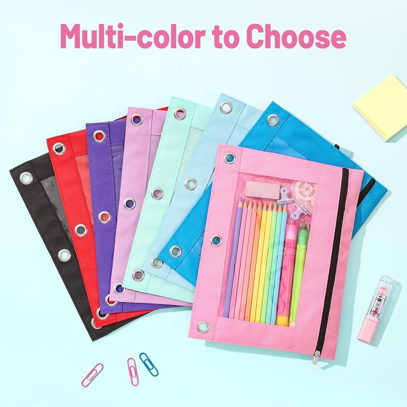 SUNEE Pencil Pouch for 3 Ring Binder, Large Zipper Pencil Case with Clear Window, 3 Reinforced Grommets, Binder Accessories for School and Office Supplies Storage, Red