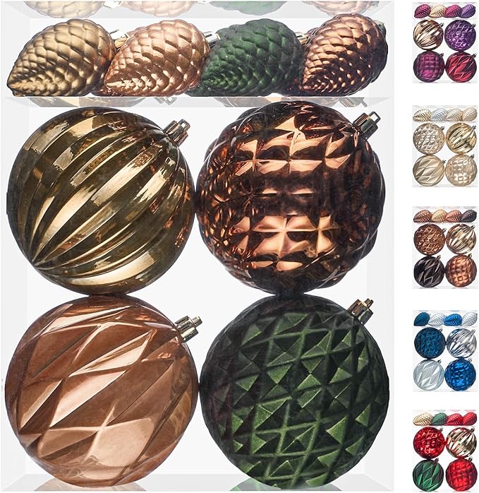 JORNOY Christmas Tree Ornaments, 4inch/100mm Shatterproof Ornaments for Christmas Tree Set - Large Plastic Decorative Hanging Balls Ornaments for Xmas Tree Decorations Party, 12ct (Earth Tone)