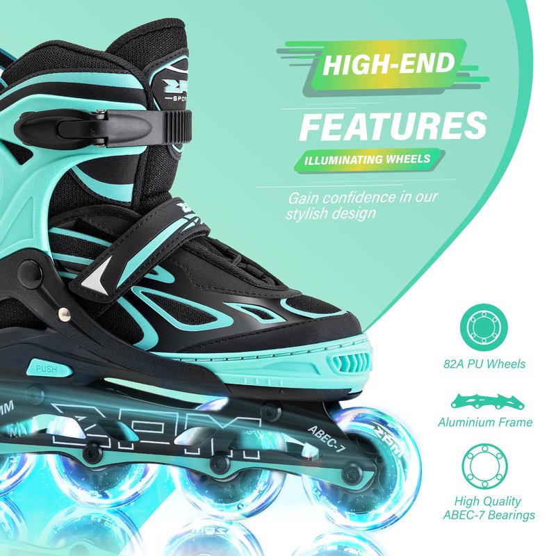 2PM SPORTS Vinal Girls Adjustable Flashing Inline Skates, All Wheels Light Up, Fun Illuminating Skates for Kids Women and Men Adults Boys - Mint Extra Large