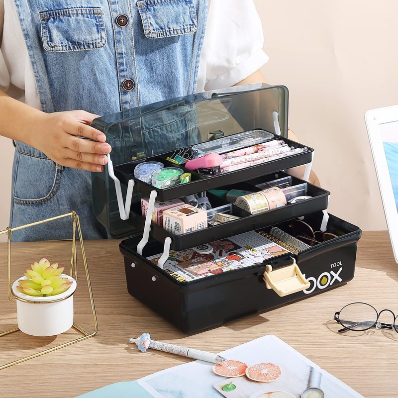 Kinsorcai 12'' Three-Layer Clear Plastic Storage Box/Tool Box, Multipurpose Organizer and Portable Handled Storage Case for Art Craft and Cosmetic (Black)