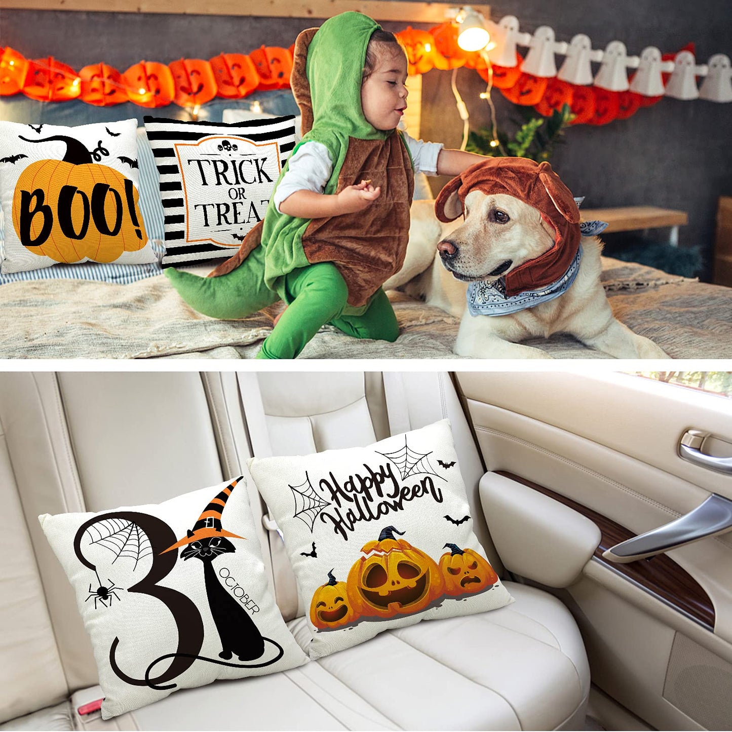 CH HAICHENG Halloween Pillow Covers 18x18 Set of 4 Trick or Treat Pillow Covers Happy Halloween Linen Sofa Bed Throw Cushion Cover Decoration