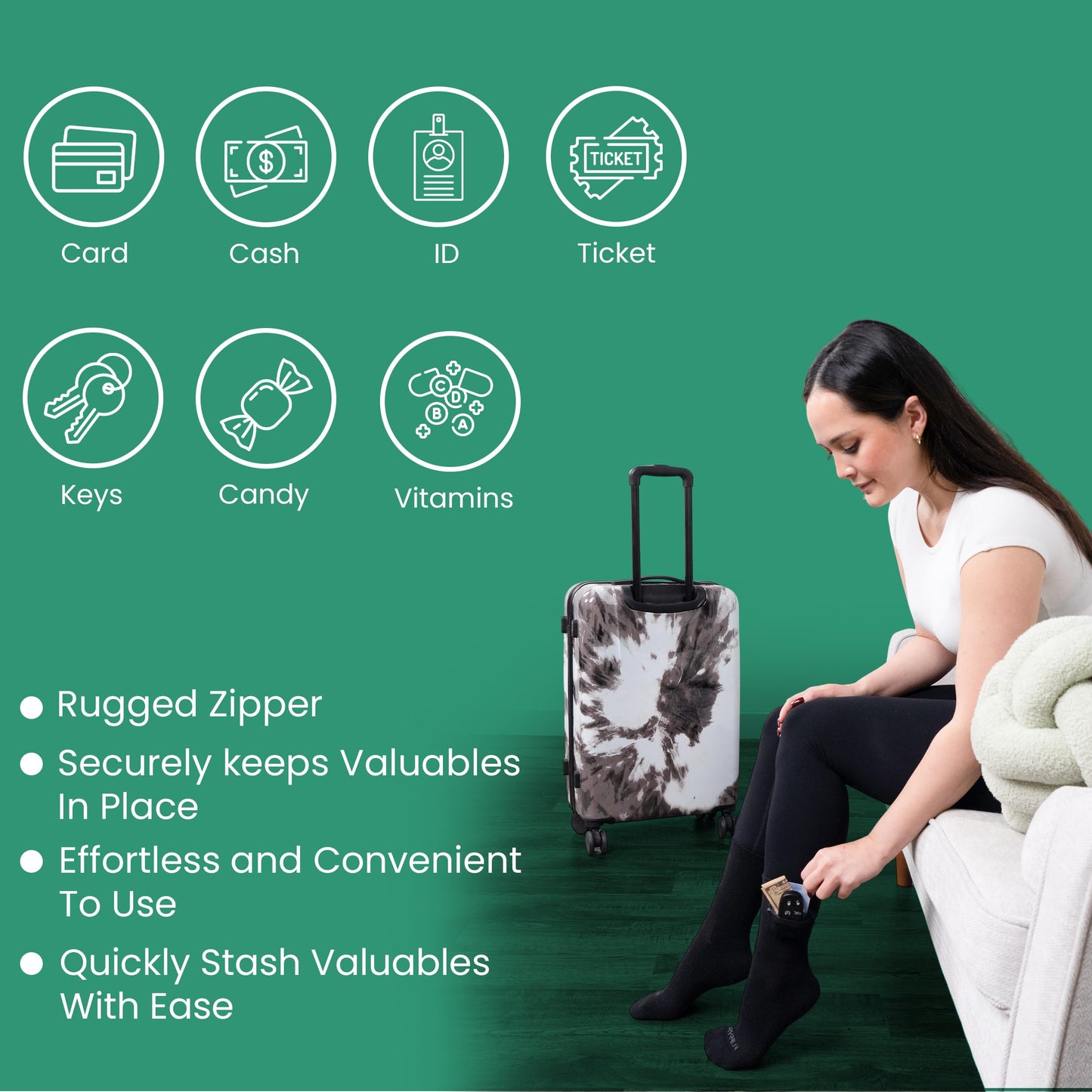 Flippysox Zipper Sock Wallet - Cotton & Polyester Zipper Socks with Pockets - Fits shoe size 6-13 (Black)