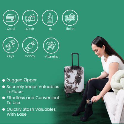 Flippysox Zipper Sock Wallet - Cotton & Polyester Zipper Socks with Pockets - Fits shoe size 6-13 (Black)