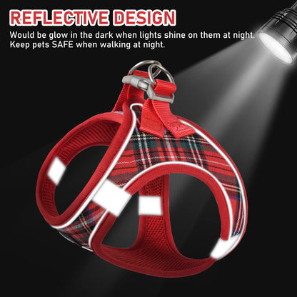 GAMUDA Small Dog Harness Collar and Leash Set, Step in No Chock No Pull Soft Mesh Adjustable Dog Vest Harnesses Plaid Reflective for Dogs Puppy Cats Kitten Rabbit (Red, S)