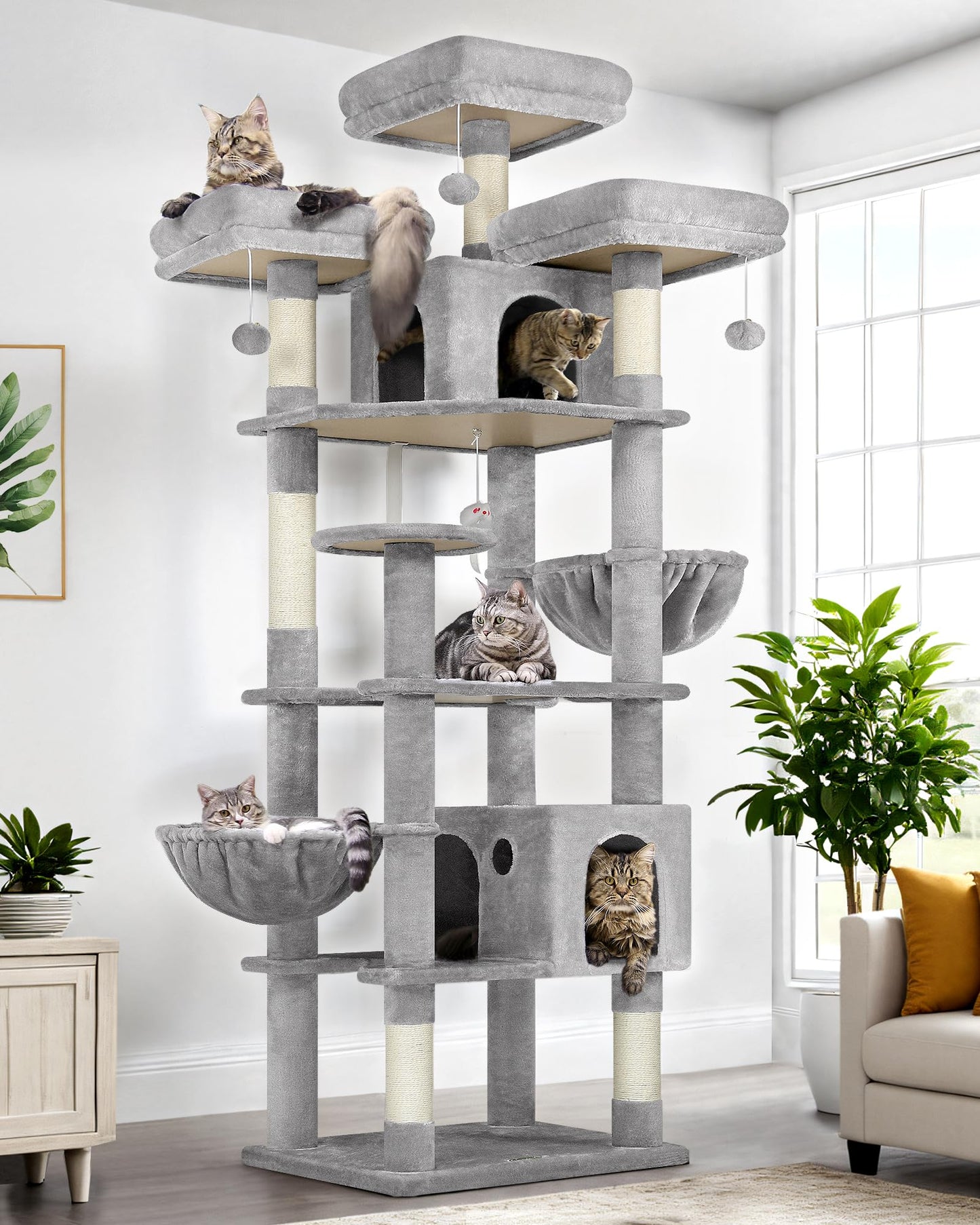 Globlazer Cat Trees and Towers for Multiple Adult Cats, 82-inch XXL Tall Cat Tree Tower for Indoor Cats with Scratching Post, 3 Perches, 2 Condos, 2 Hanging Baskets, F82, Light Grey
