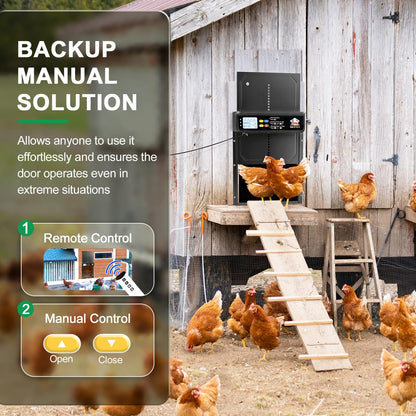Automatic Chicken Coop Door Solar Powered with Timer, Light Sensor, Remote Control, LCD Display, Aluminum Alloy 4 Auto Modes Wide Chicken House Door, Anti-Pinch, Weatherproof, USB Backup, Black