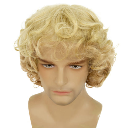 Beweig Mens Blonde Wig Short Wavy Fluffy Natural Synthetic Wig with Bangs Costume Daily Party Cosplay Halloween Wig for Males