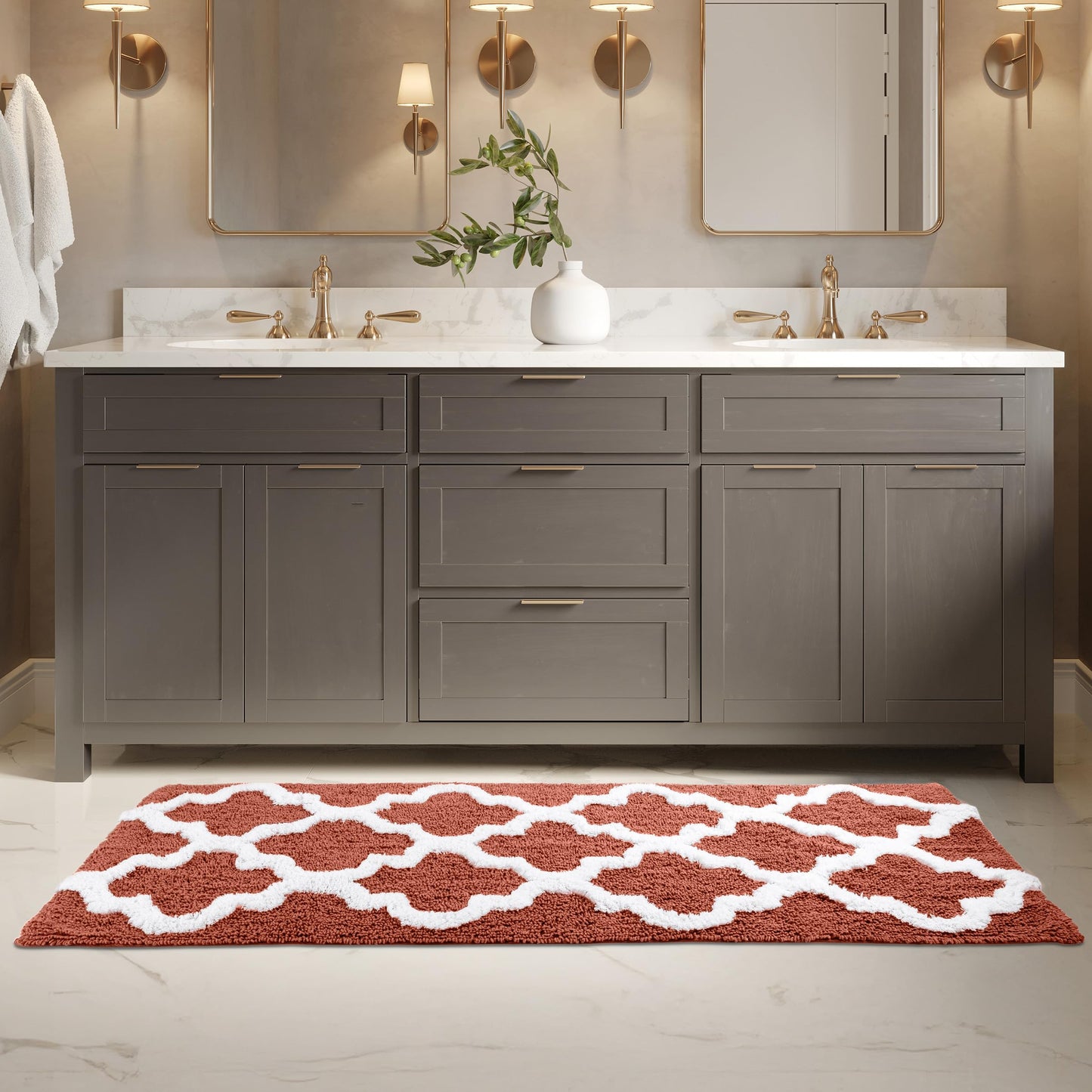 Bathroom Rug - 24 x 60 Inch Long Non Slip Bath Mat with Trellis Pattern - Extra Soft Absorbent Cotton Bath Mat - Machine Washable Bathroom Rugs Runner for Shower, Tub, or Vanity by Lavish Home (Red)