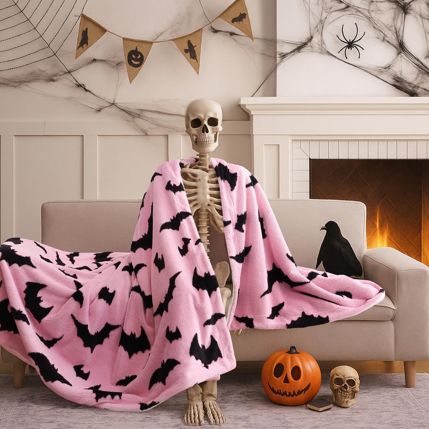 weigelia Halloween Throw Blanket - Pink Cute Bat Design Fleece Throw for Decorating Couch Bed Sofa, Soft Cozy Plush Halloween Blanket Gift for Kids Women, 50'' x 60''