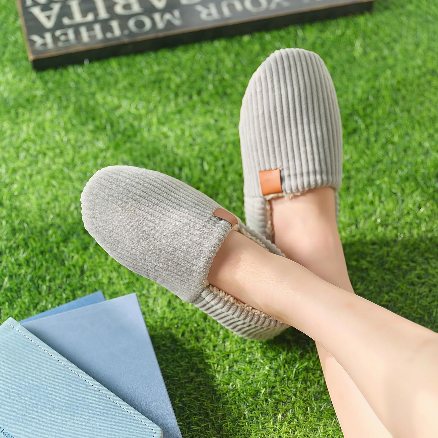 ROPULP Slippers for Women Memory Foam Corduroy Soft Full Slippers House Shoes Womens Fashion Footwear Comfy Trendy Gift Grey, Size 5-6