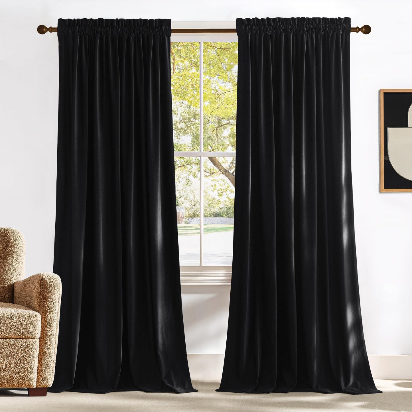NICETOWN Halloween Black Velvet Blackout Curtains 96 inch Long for Bedroom and Living Room, Thermal Curtains Solid Heavy Rod Pocket Drapes/Window Treatments for Hall, Theater (2 Pieces, 52 W)
