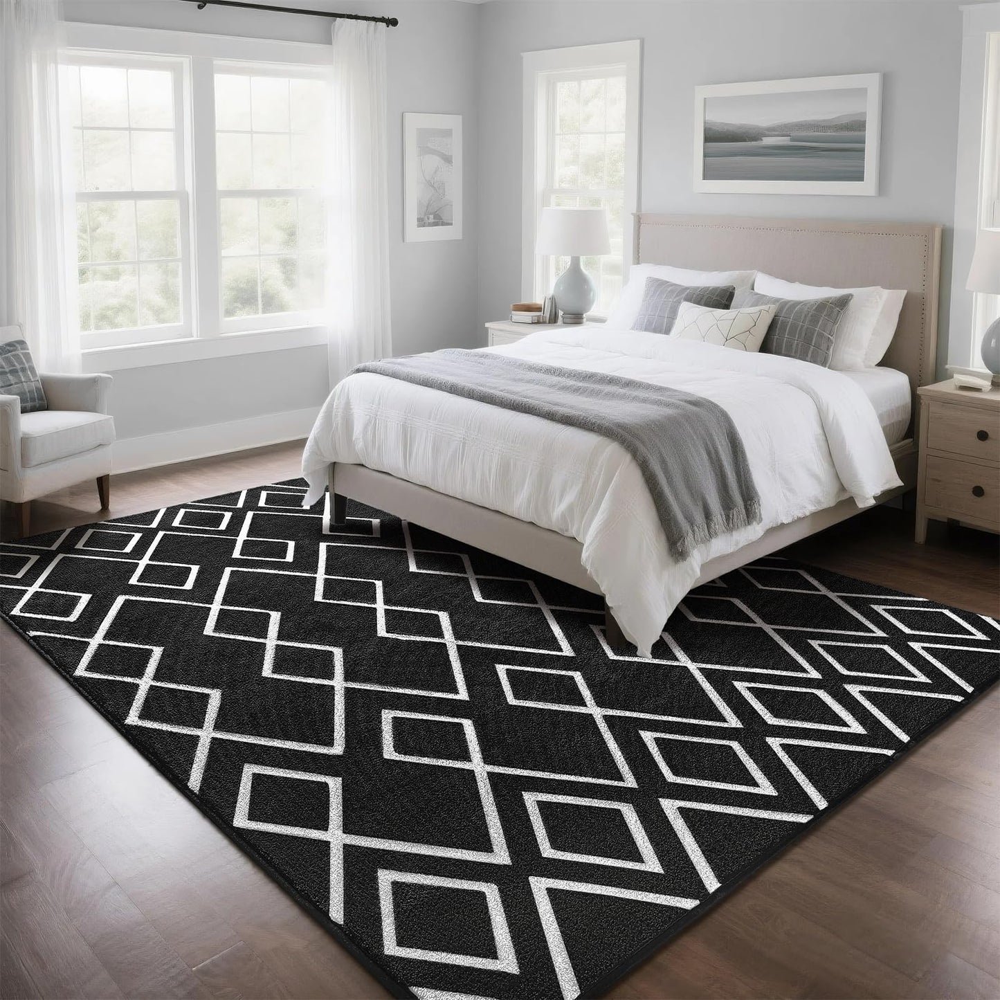 Rtizon Soft Area Rug for Bedroom, 6x9Ft Moroccan Rugs for Living Room, Geometric Non-Slip Carpet with Memory Foam for Boys Girls's Bedside Office Dining Room Farmhouse,Black and White