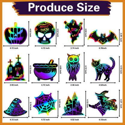 Max Fun Halloween Crafts for Kids Scratch Off Art Paper Cards 48Pack, Magic Rainbow Ornaments Hanging Supplies Educational Toys Kit Halloween Party Games Favor