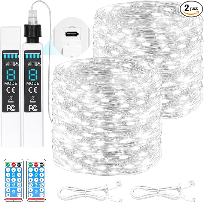 Lakumu 132FT(66 * 2) Fairy Lights Battery Operated String Lights, Twinkle Lights with Remote &Timer, Cool White LED Fairy Lights for Bedroom Waterproof Outdoor Camping Wedding Christmas Decorations