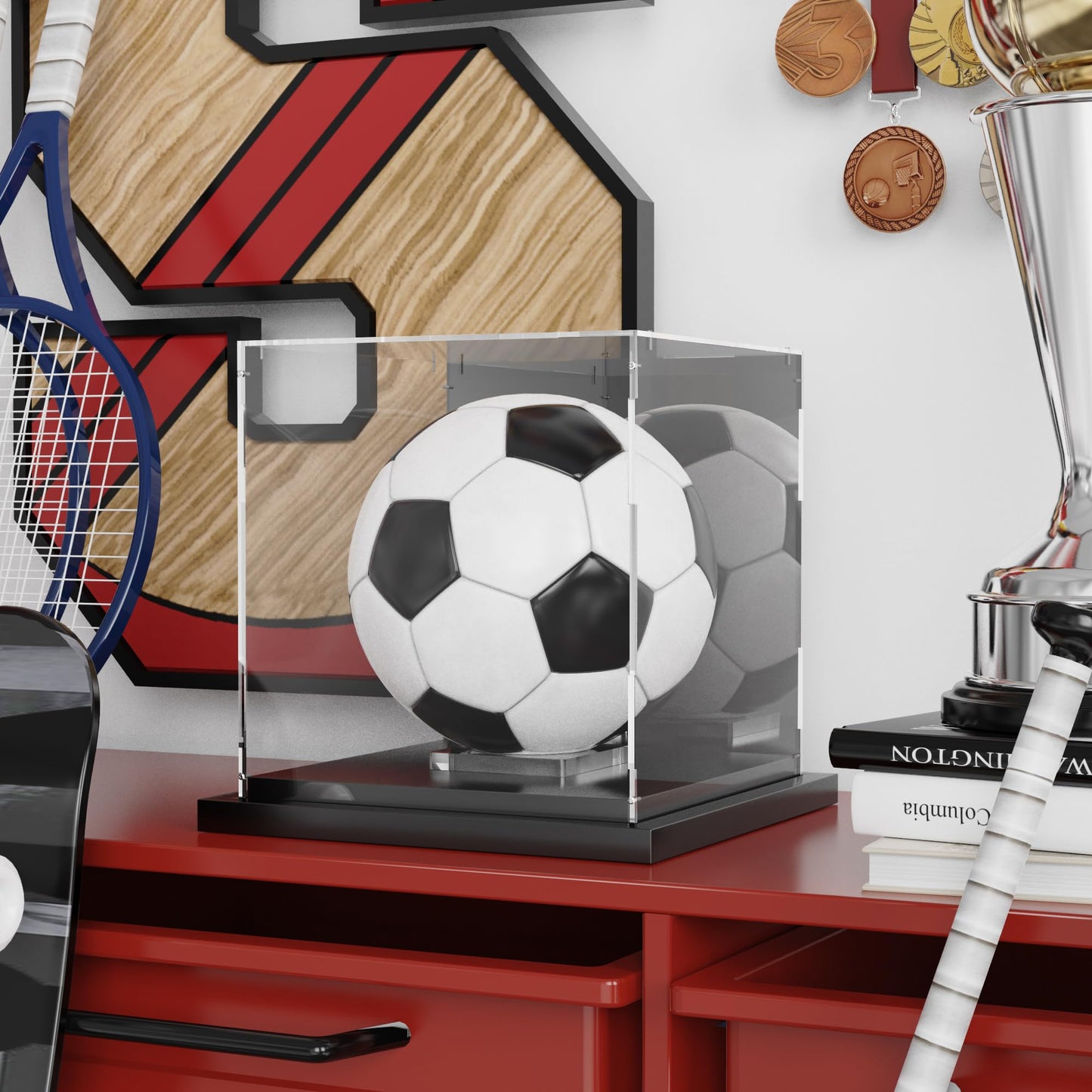 Putros Soccer Ball Display Case with Mirror and Black Metal Stackable Base Acrylic Soccer Ball Case with Transparent Removable Built-in Soccer Ball Display Stand for Autographed Volleyball