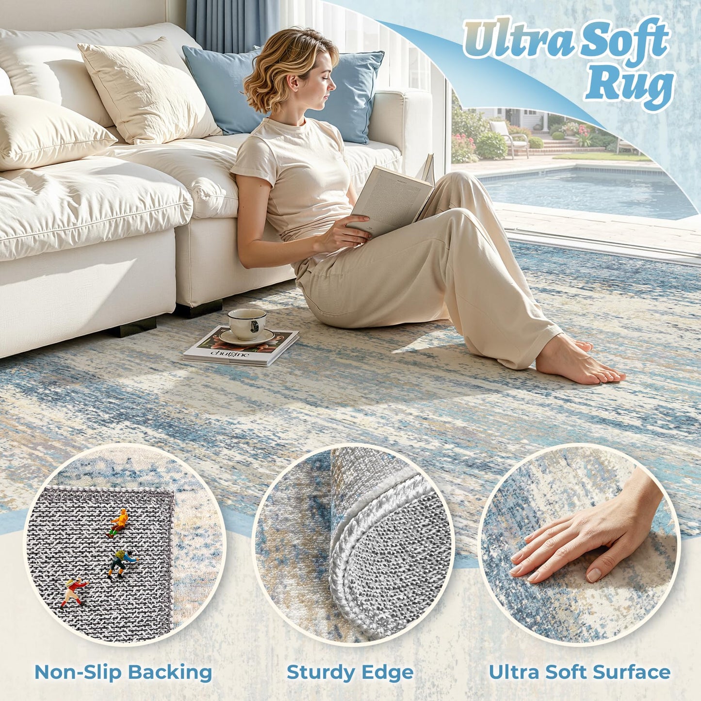 5x7 Area Rugs for Living Room: Washable Modern Abstract Rug Neutral Non-Slip Soft Low-Pile Indoor Carpet for Bedroom Nursery Dining Room Home Office (Blue Grey, 5'x7')