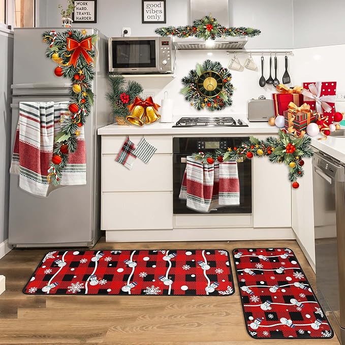 Buffalo Plaid Christmas Kitchen Rugs and Mats Set of 2, Christmas Snowman Winter New Year Holiday Party Low-Profile Floor Mat Merry Christmas Decorations for Kitchen Home- 17"x47"+17"x30"