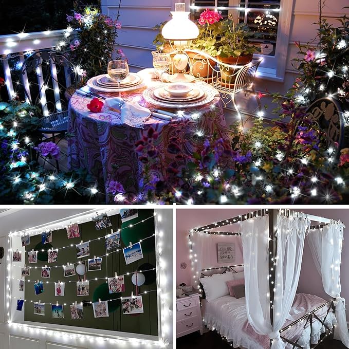 KNONEW 100FT Outdoor Christmas Fairy Lights Plug in,300 LED String Lights Outdoor Waterproof 8 Modes for Wedding Bedroom Walls Garden Trees Decoration(Cool White)
