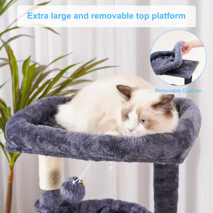 Hey-brother Cat Tree, Cat Tower for Indoor Cats, Cat House with Large Padded Bed, Cozy Condo, Hammocks, Sisal Scratching Posts, Big Scratcher, Smoky Gray MPJ006SG