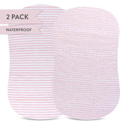 Ely's & Co. Patent Pending Waterproof Bassinet Sheet, No Need for Bassinet Mattress Pad Cover, 2 Pack Mauve Pink Splash & Stripes,for Baby Girl 32" 16"X3"