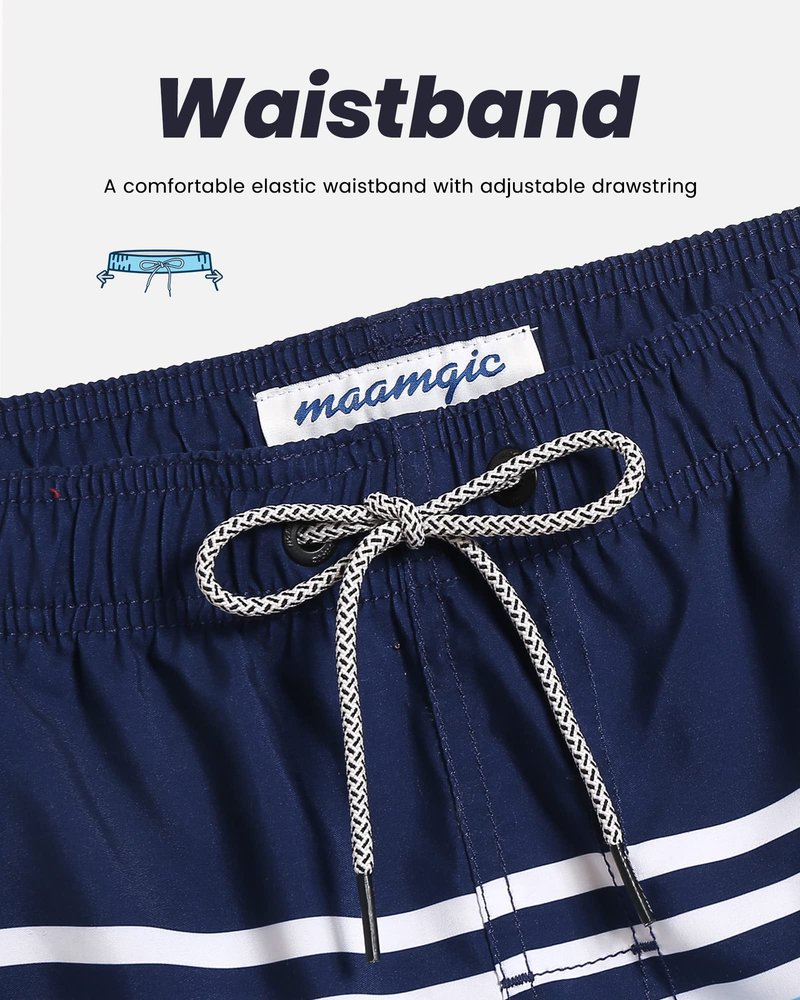 maamgic Mens Swim Trunks Quick Dry Swim Shorts with Mesh Lining Funny Swimwear Bathing Suits 7inch Striped Navy Medium