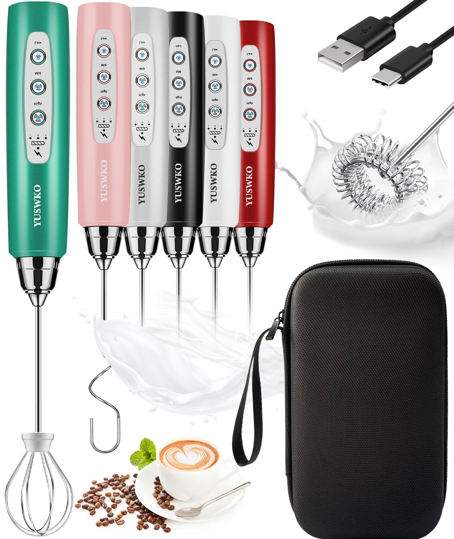 YUSWKO Black Handheld Milk Frother Wand for Coffee, Rechargeable Electric Whisk with 3 Heads 3 Speeds Drink Mixer Coffee Frother For Latte, Cappuccino, Hot Chocolate, Egg