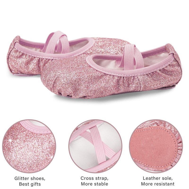 Stelle Ballet Shoes for Girls Glitter | Metallic Faux Leather Ballet Slippers Dance Shoes for Toddler/Little/Big Kids(Rose Glitter,7MT)