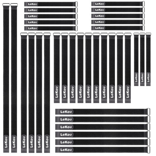 Lekou 35 Pack Cable Straps,8"-12"-18"-24"-30" Reusable Cable Ties, Hook and Loop with Metal Buckle, Fastening Securing for Cord Organizer Wire Management