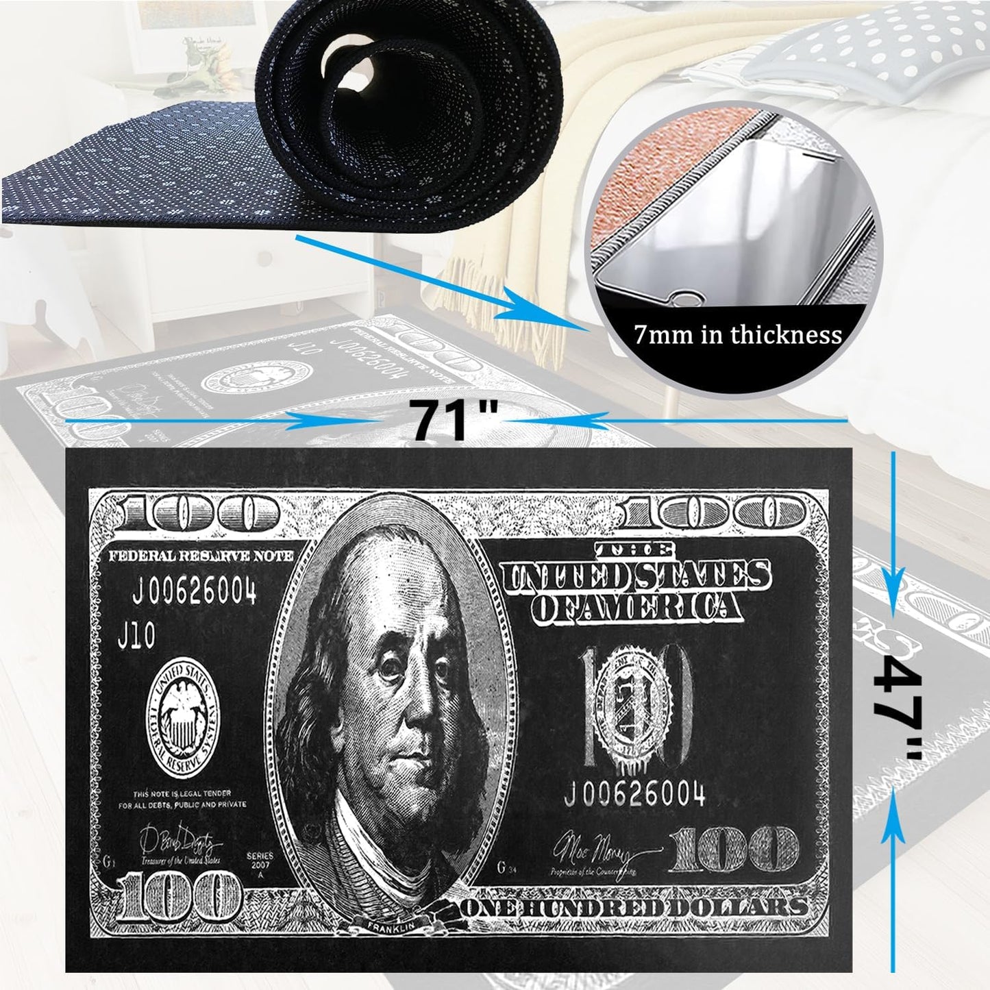 NITUMIR 4×6 Rug for Room Decoration Black and White Money Area Rugs Modern 100 Dollar Bill Rugs for Living Room Non-Slip Runner Rug for Bedroom Office Dining Room, Washable Cash Art Carpet 47”x71”