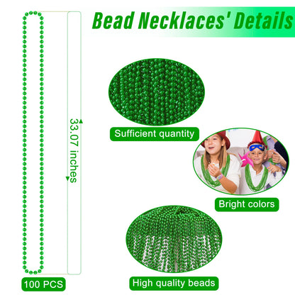 100PCS St Patricks Day Accessories, Green St. Patricks Day Beads Necklace, 33" Round Beads Irish Saint Patricks Necklaces Costume Bulk, Parade Throw Accessories for Wedding Birthday St. Patricks Decor