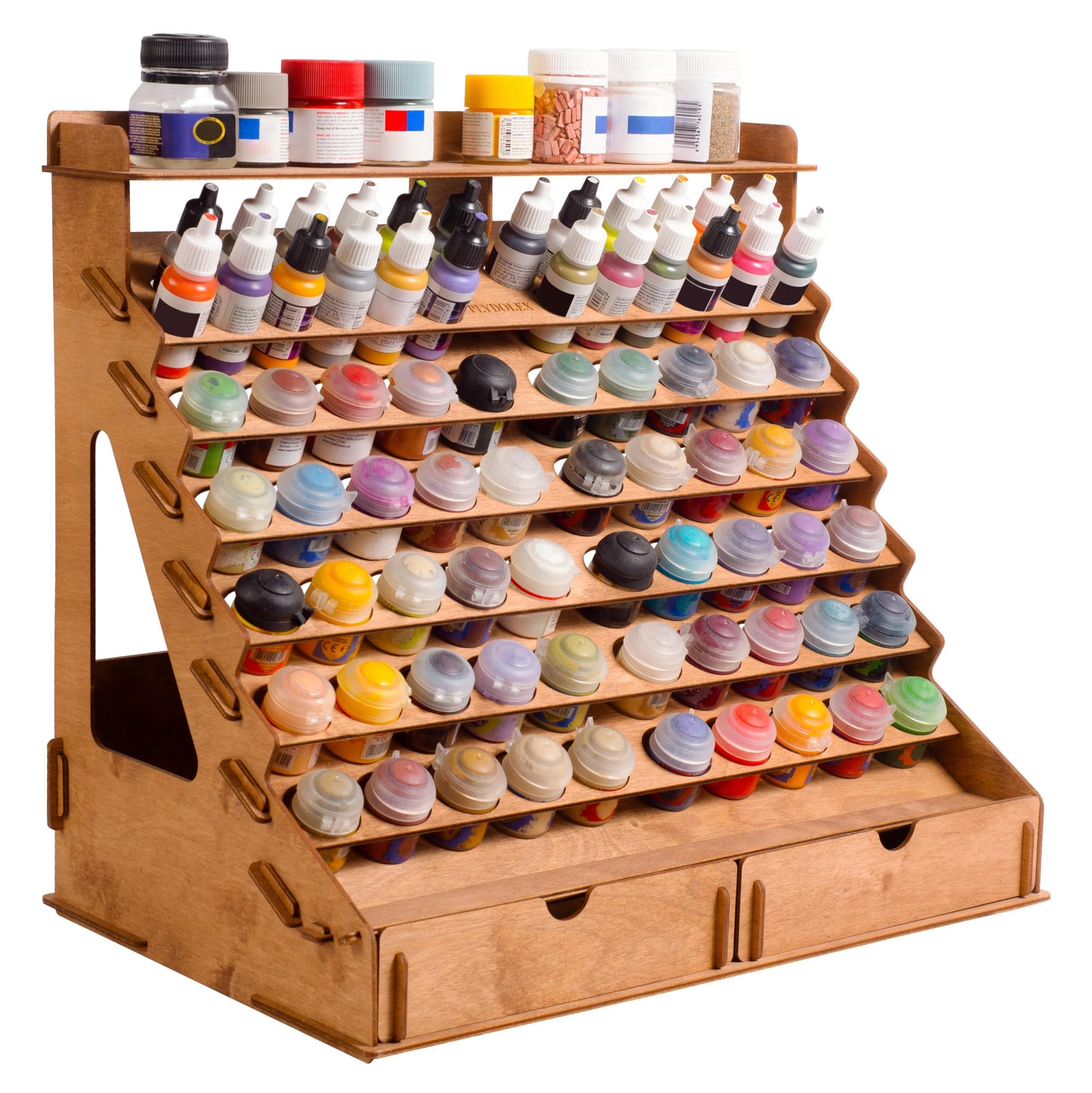 Plydolex Wooden Paint Organizer for 74 Paint Bottles and 14 Brushes - Paint Organizer with 2 Art Tool Cabinets and 6 Miniature Holders - Paint Holder